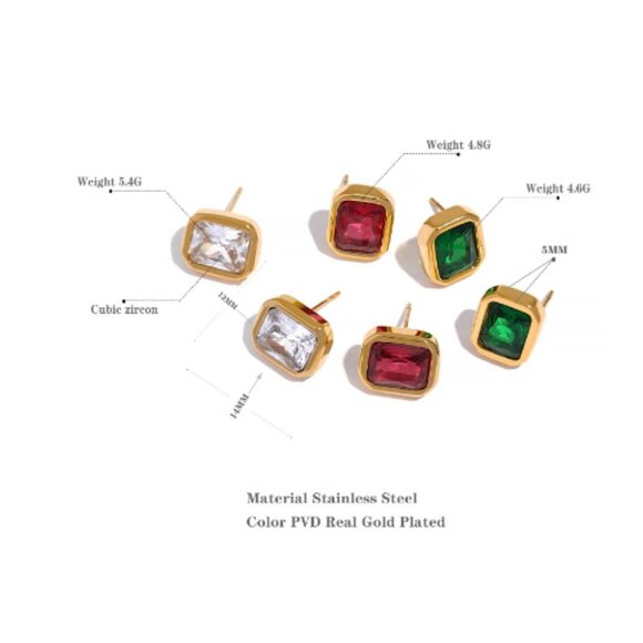 Square Geometric White Red Cubic Zirconia Stud Earrings Stainess Steel - Picture 3 of 3
